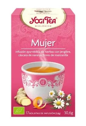 Yogi Tea Mujer by Jag Couture London New York, 17 tea bags of 1.8g each, shown in a box with tea bags visible.