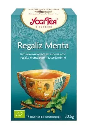 Yogi Tea Regaliz y Menta packaging by Jag Couture London - New York, showing 17 tea sachets with herbal tea blend