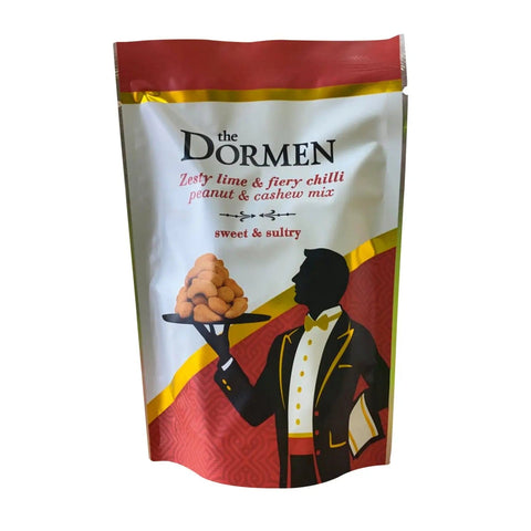 Zesty lime and fiery chili peanut and cashew mix in a pouch by Jag Couture London New York, with colorful nuts visible.