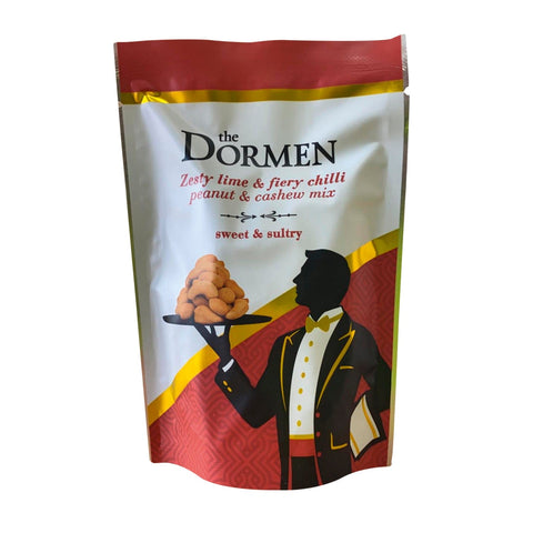 Zesty lime and fiery chilli peanut and cashew mix in a pouch by Jag Couture London - New York, with colorful nuts and spices visible.