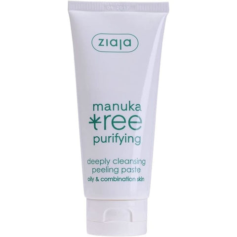 Ziaja Manuka Pasta Exfoliante 75ml jar with herbal ingredients, designed for gentle facial and body exfoliation.