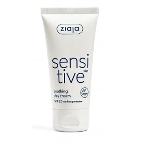 Jar of Ziaja Sensitive Calming Day Cream for sensitive skin, 50ml, with soothing and hydrating formula from Jag Couture London New York.