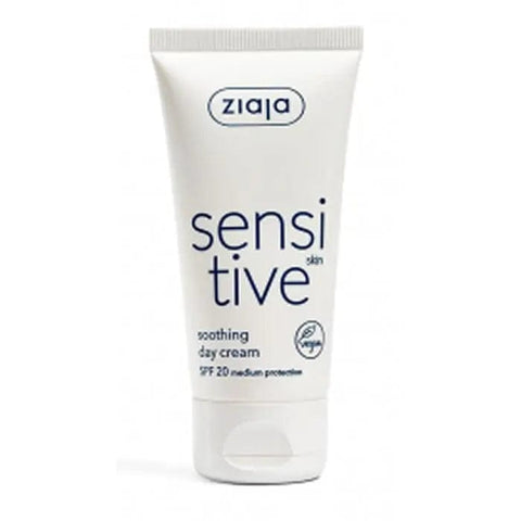 Ziaja Sensitive Calming Day Cream for sensitive skin in a 50ml jar, with a smooth, soothing texture and minimalist packaging.