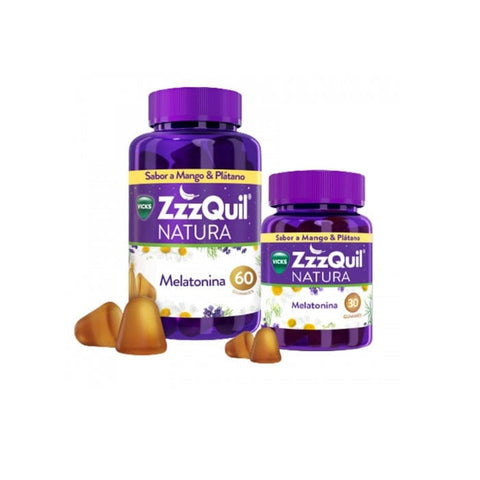 ZzzQuil Natura Melatonin Mango and Banana flavor, 60+30 units, in blister packs, manufactured by Jag Couture London New York.