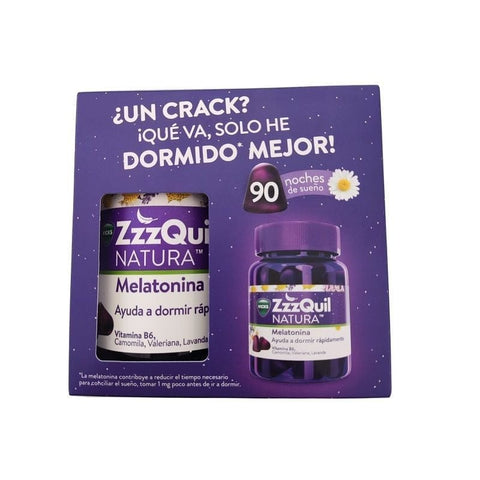 Jag Couture London - New York Zzzquil Nature Melatonin pack with 60+30 units, featuring sleep aid capsules in a colorful package.